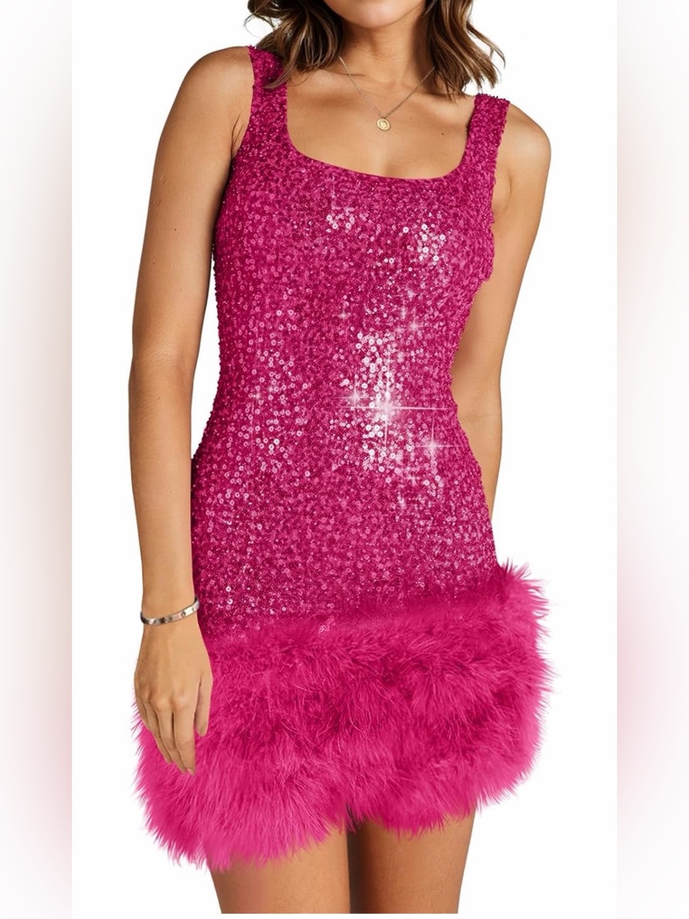 Wenrine Sparkly Sequin Dress Bodycon Square Neck Fur Club Party Mini Dresses